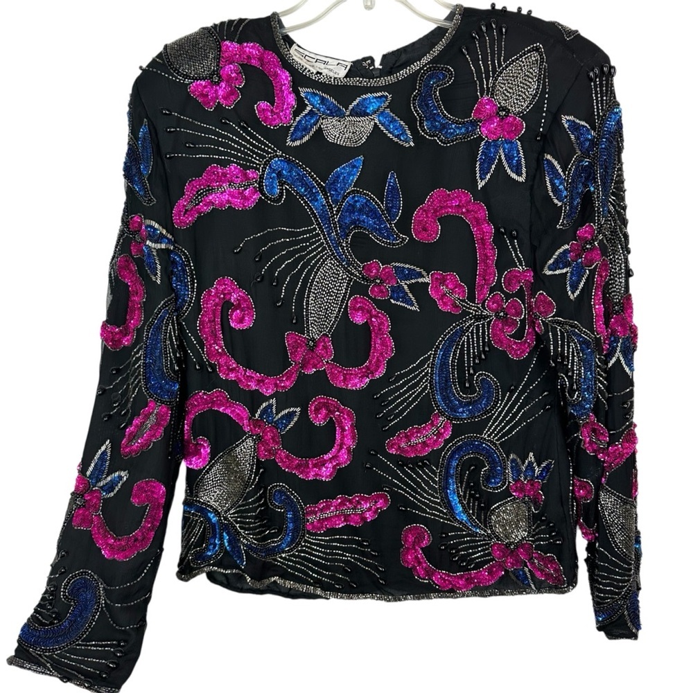 Vintage Scala Silk Beaded Sequin Statement Top M